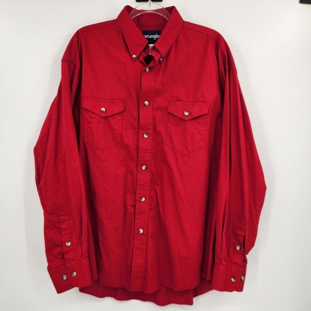 Wrangler Long Sleeve Button Front Shirt Mens Size XL Red Cotton Solid Western